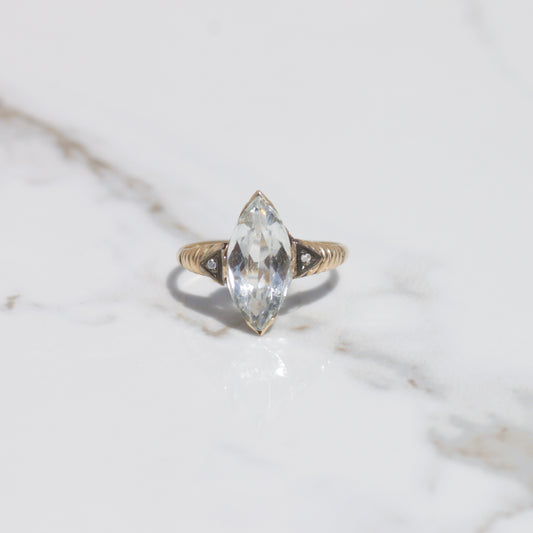 Antique Marquise Aquamarine and Diamond Ring Sz 6 1/4 14k