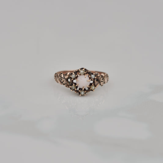 Antique Coral and Pearl Ring Sz 4 3/4 14k