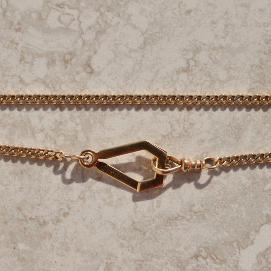 Gold antique watch curb chain from 1920s art deco era, with dog clip and sister hook clasps