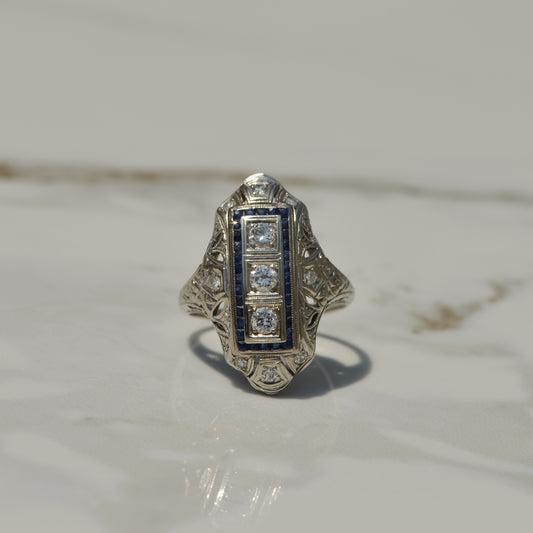 Art Deco Diamond and Sapphire Filigree Ring