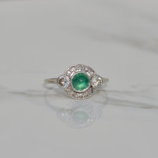 Art Deco Emerald Cabochon and Diamond Ring