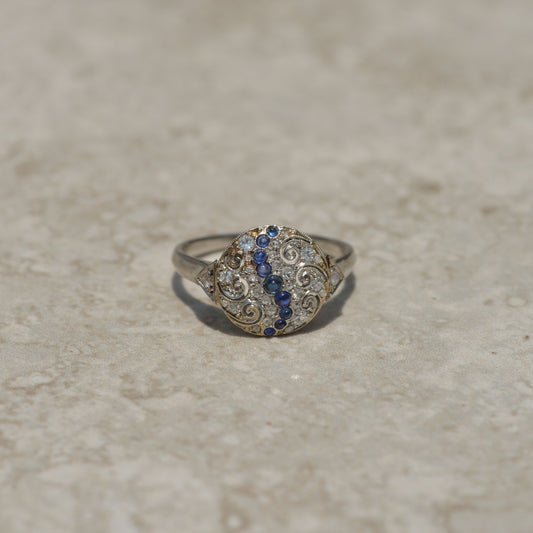 Art Deco Sapphire and Diamond Swirl Ring
