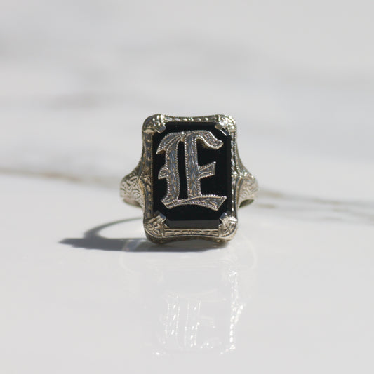 Vintage E Initial Onyx Ring Sz 4 1/2 10k