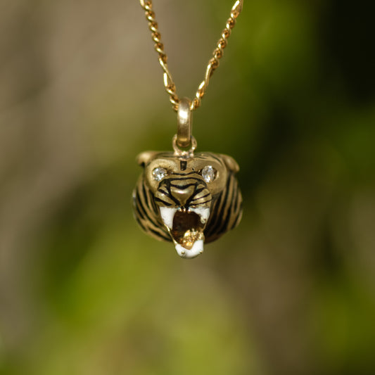 Vintage Enamel Tiger Head Pendant with Diamond Eyes