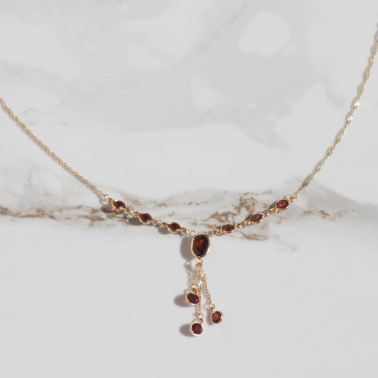 Vintage Garnet Lariat Necklace 17.5" 14k Gold