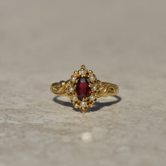 Victorian Garnet Pearl Halo Ring