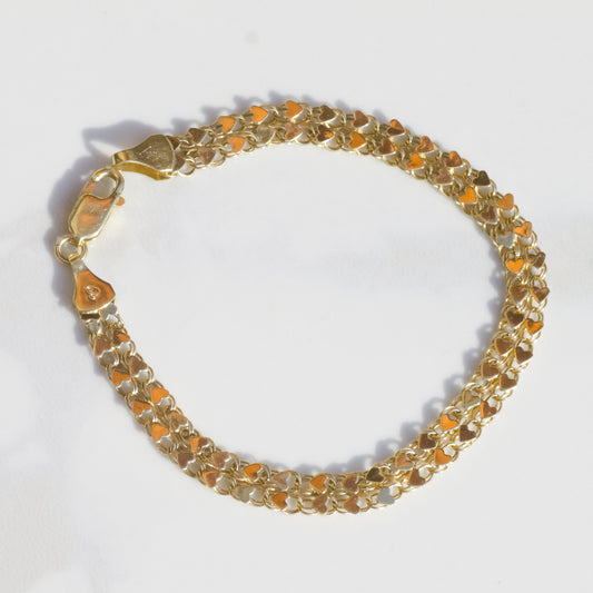 Vintage Double Row Heart Chain Bracelet 7" 14k