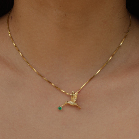 Vintage Hummingbird Emerald Pendant 14k Gold