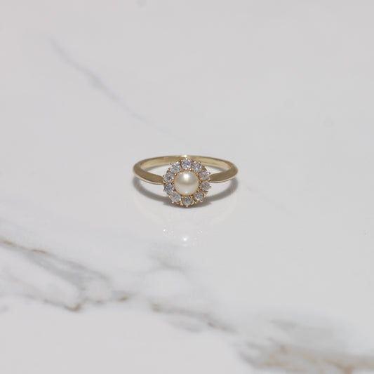 Antique Pearl and Old Mine Diamond Halo Ring