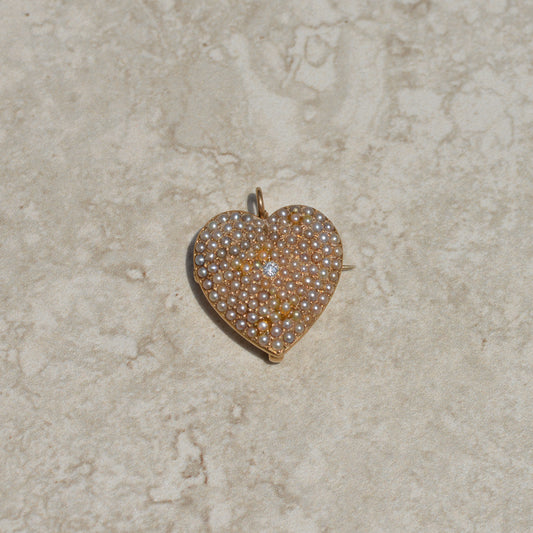 Antique Seed Pearl & Diamond Heart Pendant/Brooch