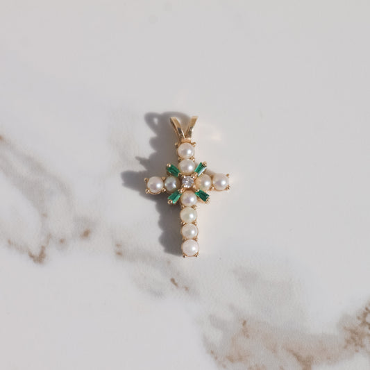 Vintage Pearl, Diamond, and Lab Emerald Cross Charm 14k