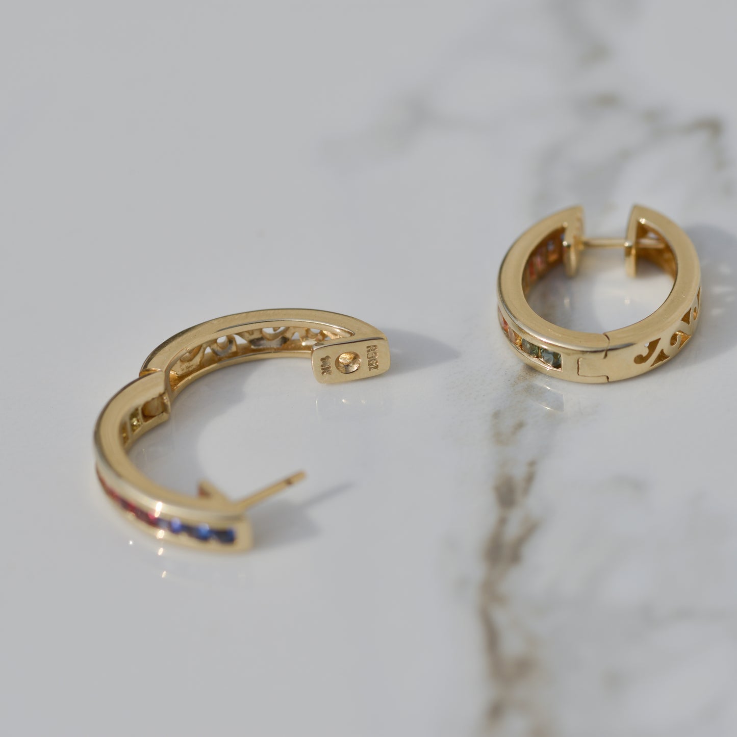 Vintage Rainbow Sapphire Oval Hoop Earrings