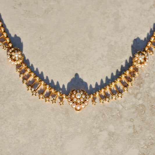 Victorian Crescent and Star Seed Pearl Necklace