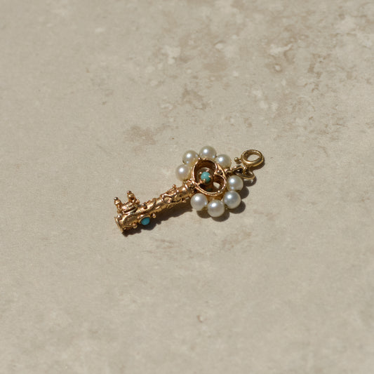 Vintage Pearl & Turquoise Key Charm