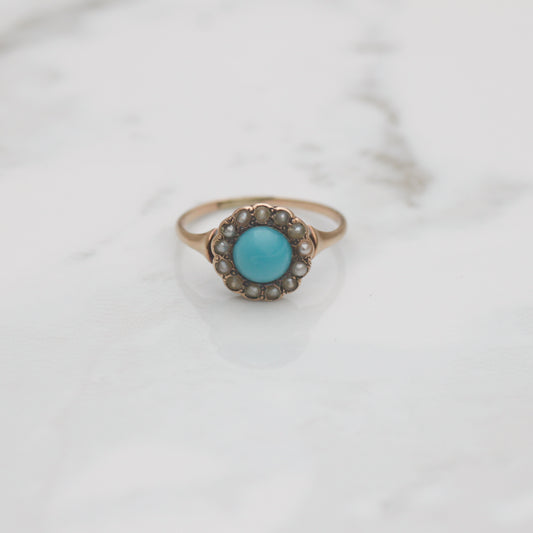 Antique Turquoise Seed Pearl Halo Ring Sz 3 3/4 9k