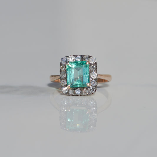 Victorian Colombian Emerald Diamond Halo Ring