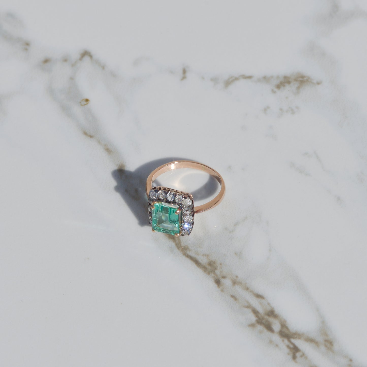 Victorian Colombian Emerald Diamond Halo Ring