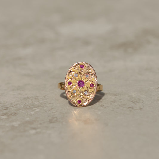 Victorian Engraved Ruby and Diamond Signet