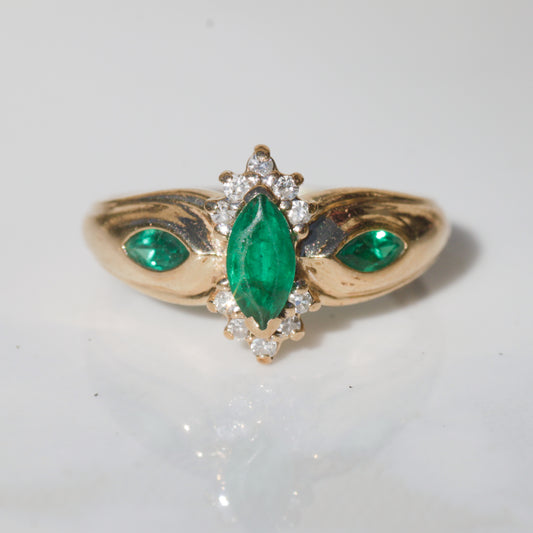 Vintage 10k Marquise-Cut Emerald & Diamond Ring Sz 6.5