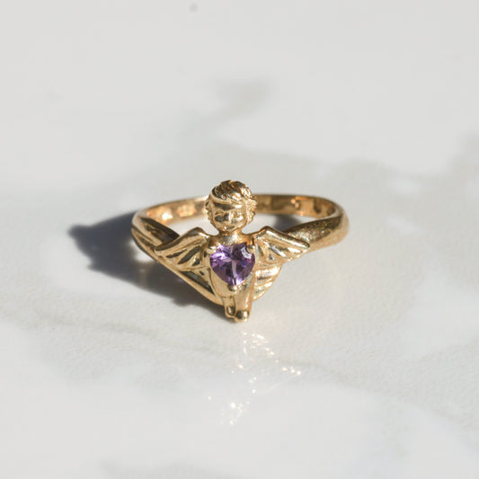 Vintage Amethyst Heart Angel Ring 10k Sz 7
