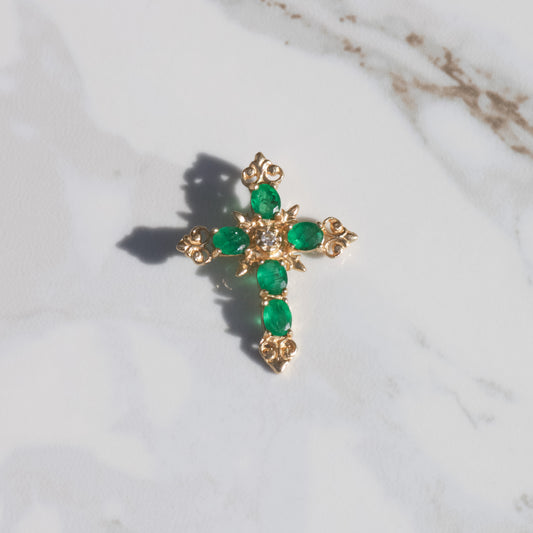 Vintage Emerald & Diamond Cross Pendant 14k