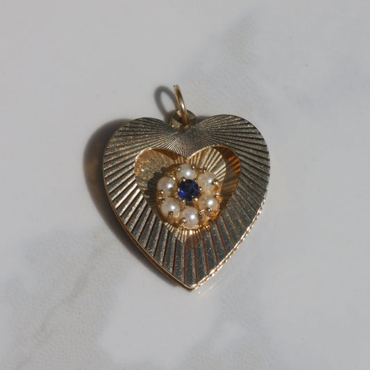 Vintage Seed Pearl + Topaz Engine-Turned Heart Pendant