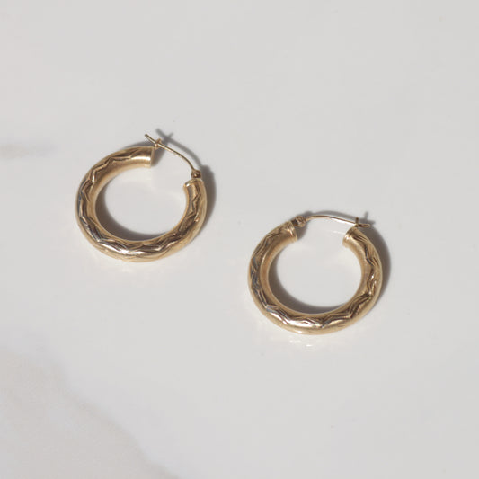 Vintage Engraved Tube Hoop Earrings 14k