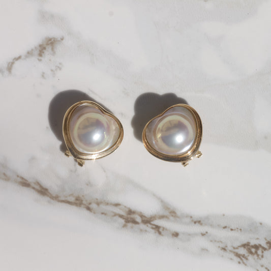 Vintage Heart-Shaped Mabe Pearl Lever-Back Ear Clips