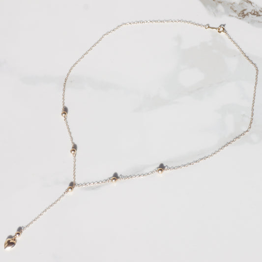 Handmade Station Bead + Puffy Heart Lariat Necklace 14k