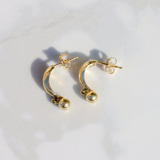 Vintage Huggie Half Hoop with Ball Dangle Earrings 14k