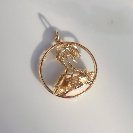 Vintage Palm Tree + Canoe Island Pendant 14k