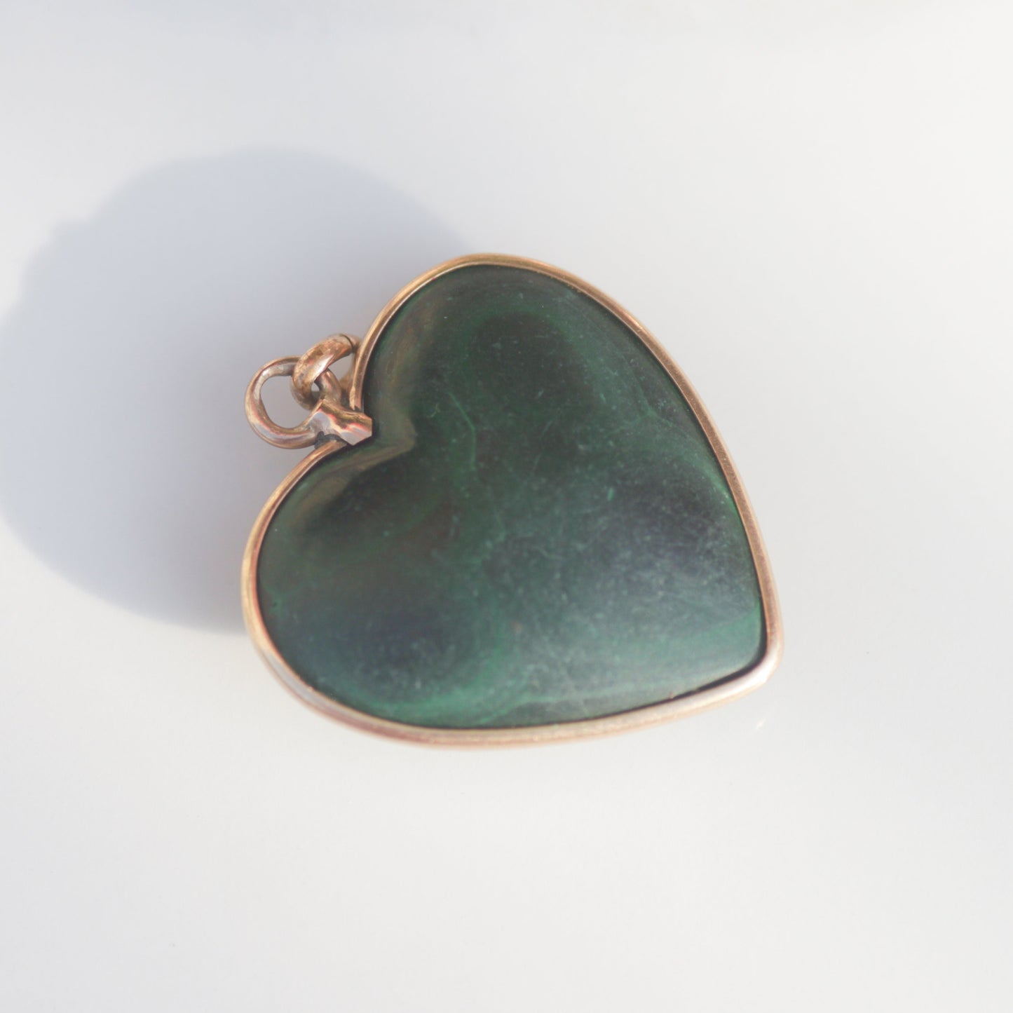 Antique Malachite "MC" Initial Heart Pendant 14k Gold