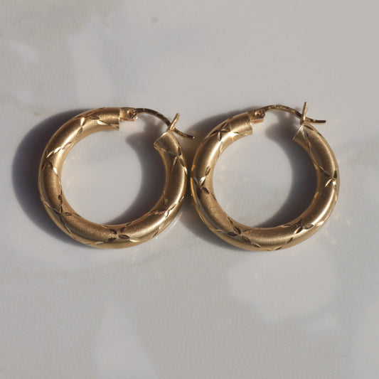 Vintage Diamond Cut Tube Hoop Earrings 14k