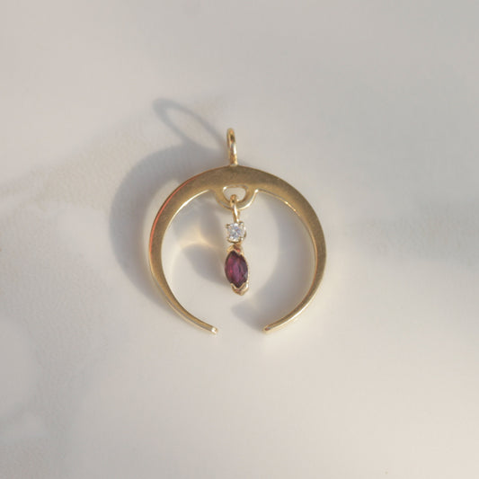 Vintage Crescent Moon Pendant with Diamond and Garnet 14k Gold