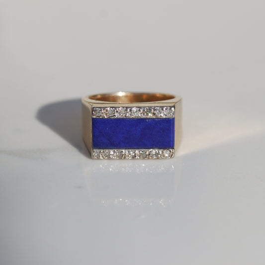 Vintage Lapis and Diamond Signet Ring 14k Gold Sz 6 1/2