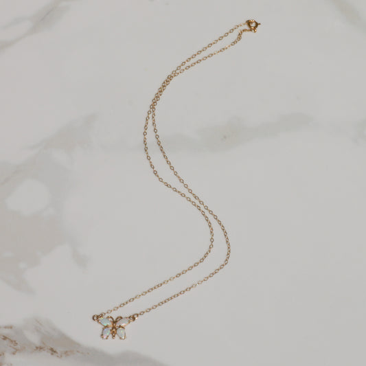 Vintage Opal Butterfly Pendant Necklace 14k Gold