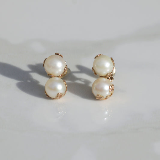 Vintage Floral Pearl Drop Earrings 14k Gold