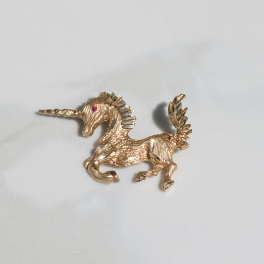 Vintage Unicorn with Ruby Eye Pendant 14k