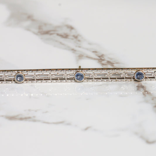 Antique Edwardian Sapphire Bar Brooch Platinum + 14k Gold