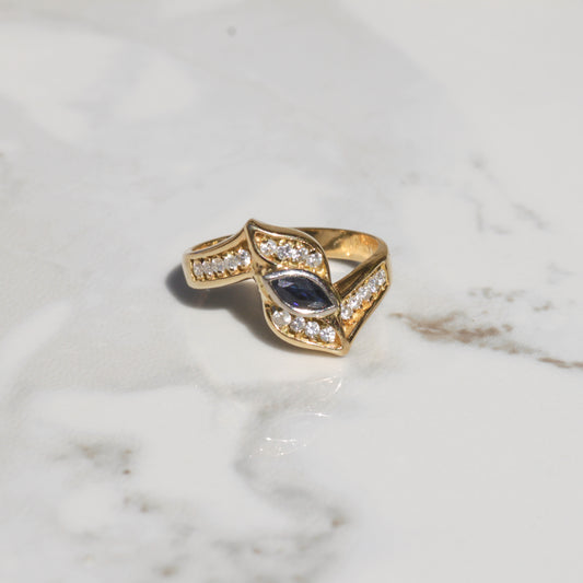 Vintage Marquise Sapphire and Diamond Ring 18k Gold Sz 6 3/4