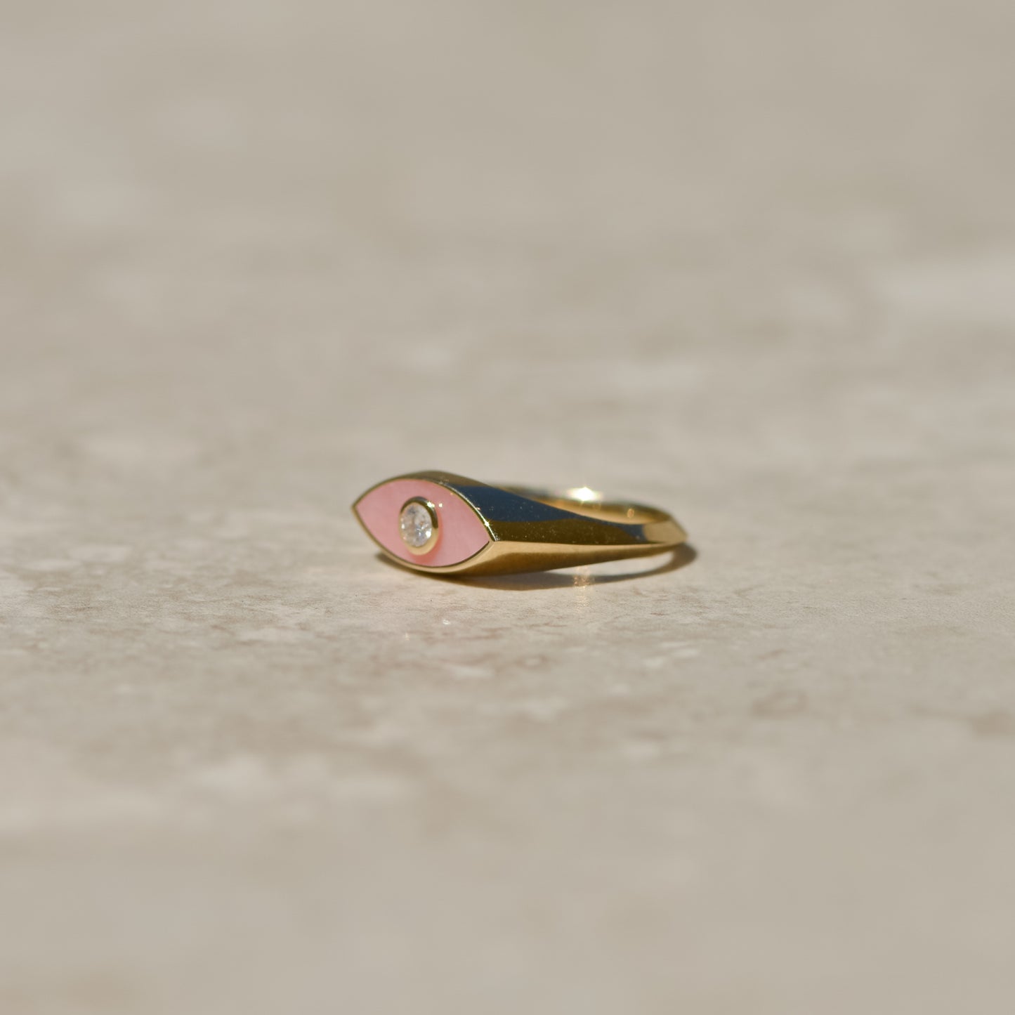 13: Inlay Diamond Eye Ring, pink opal