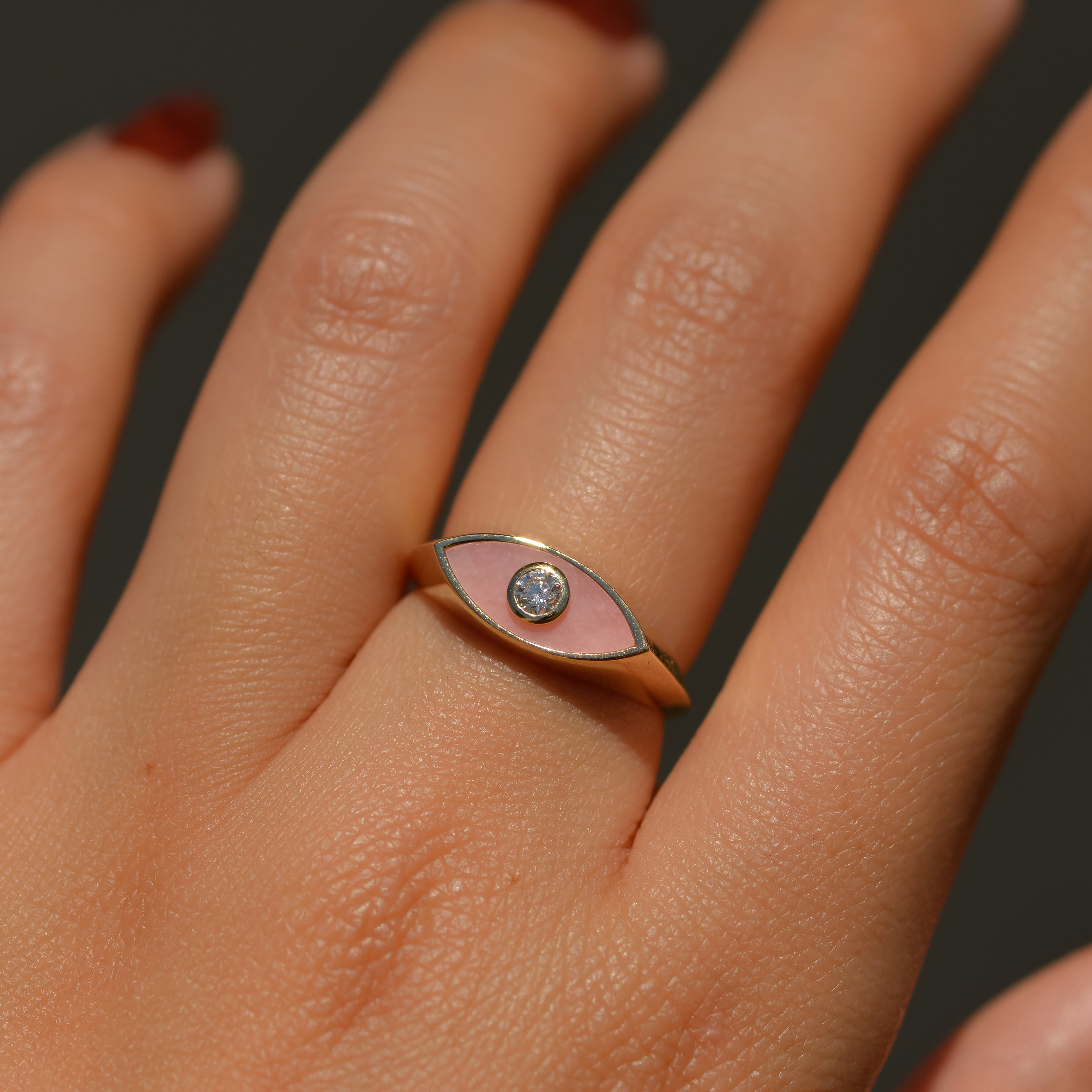 Inlay Diamond Eye Ring, pink opal