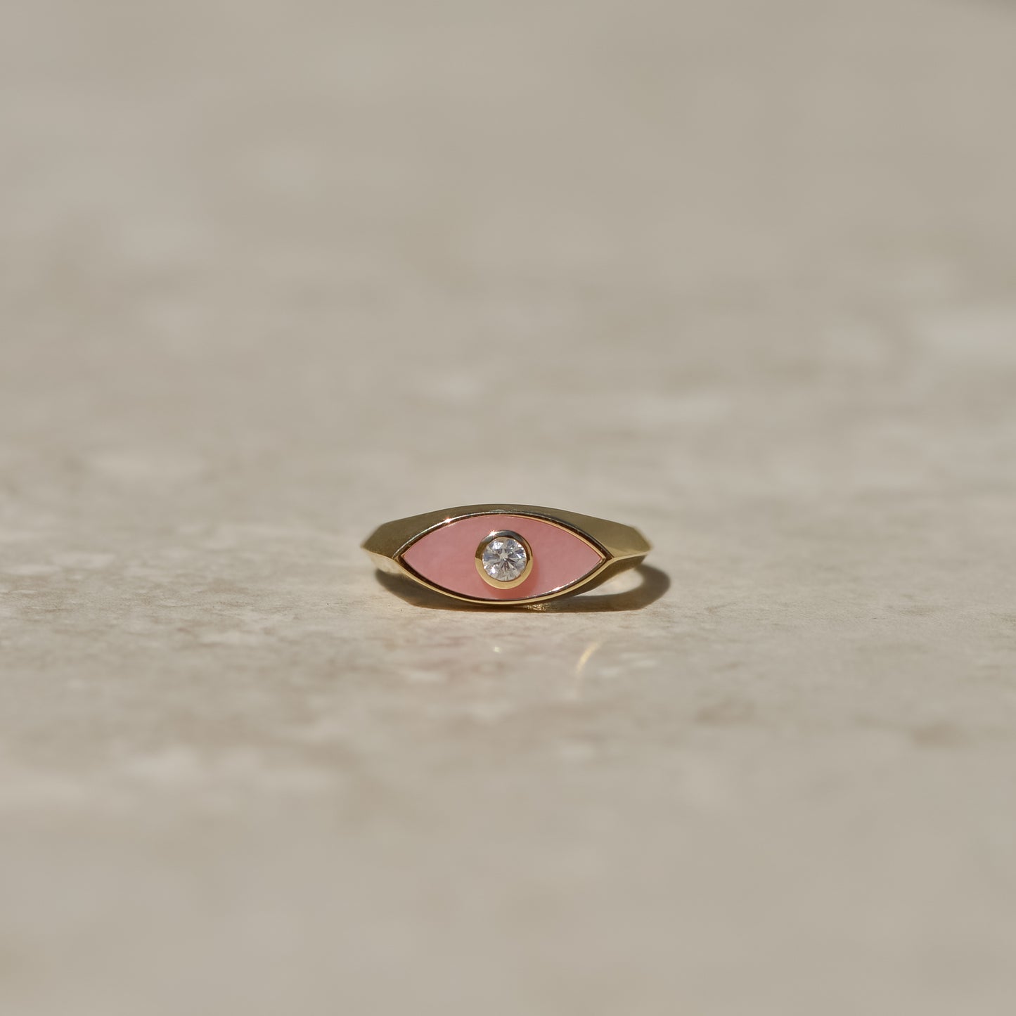 13: Inlay Diamond Eye Ring, pink opal