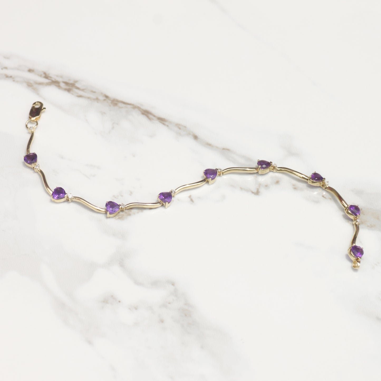 Amethyst Heart Bracelet with Diamonds 7 5/8" 10k