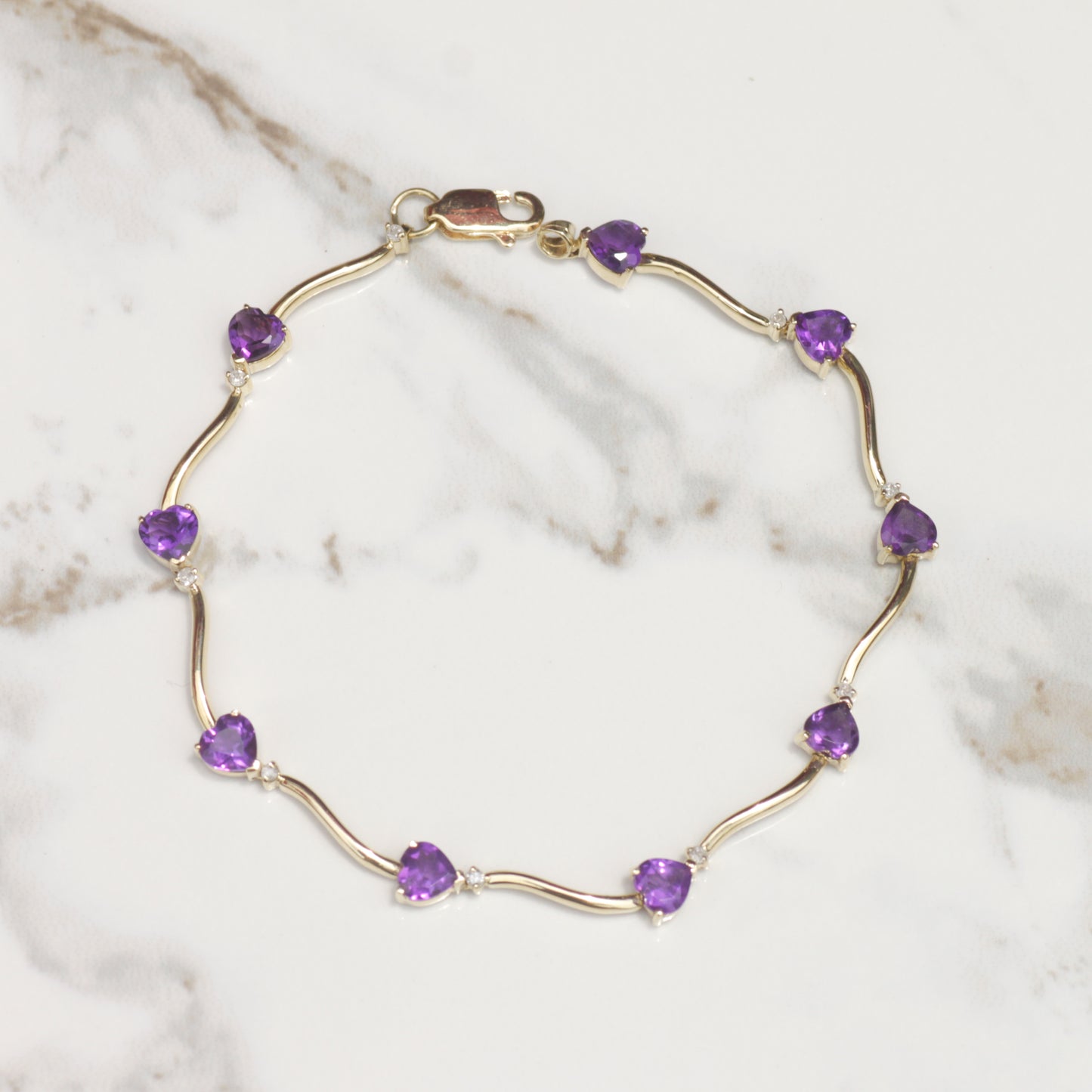 Amethyst Heart Bracelet with Diamonds 7 5/8" 10k