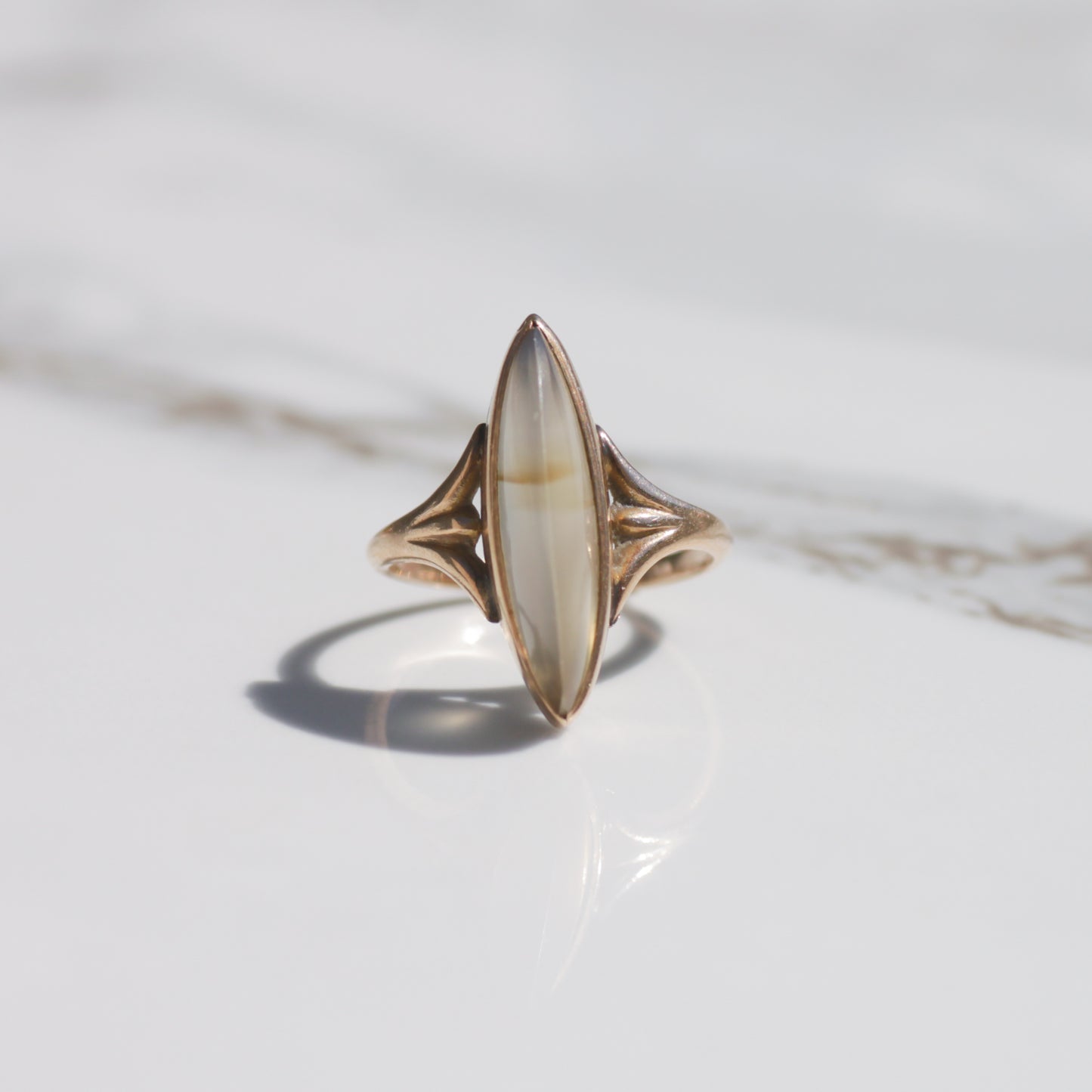 Vintage Agate Navette Ring Sz 5 1/4 10k