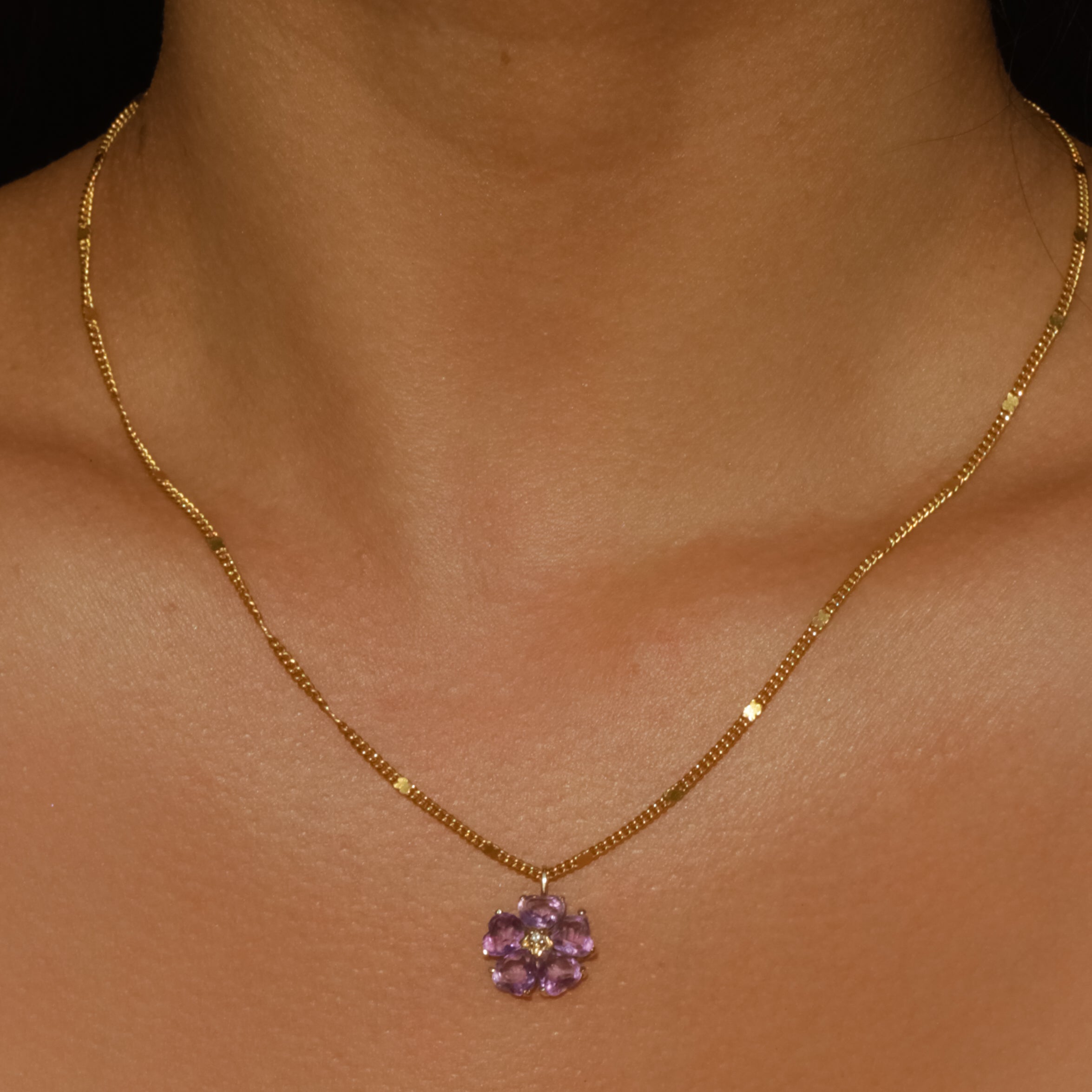 Vintage Heart-cut Amethyst Flower Pendant 14k Gold