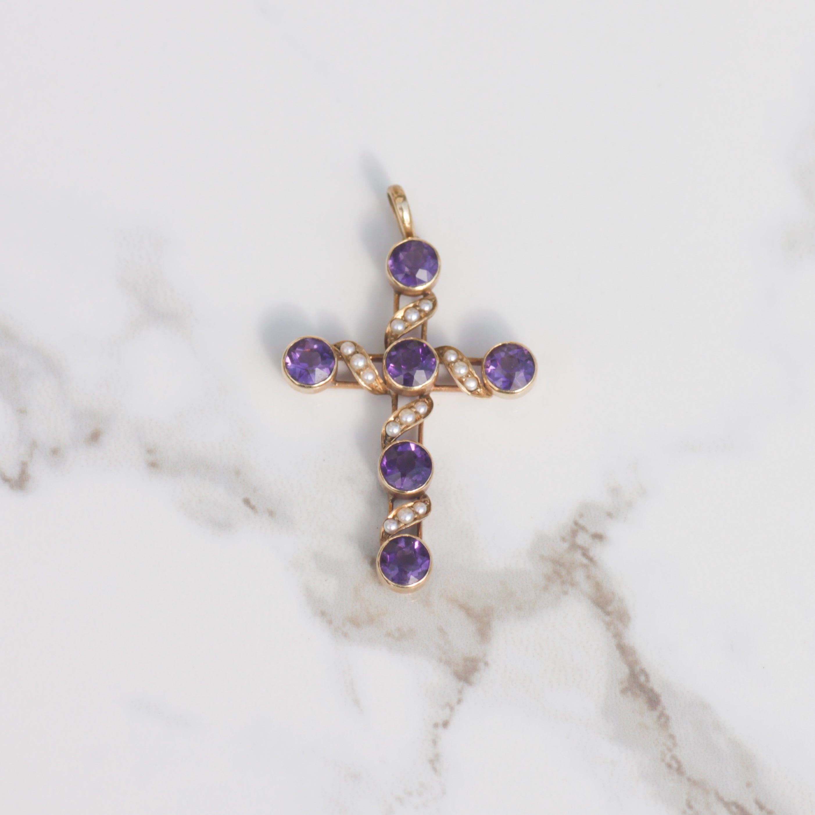 Antique Amethyst and Seed Pearl Cross Pendant