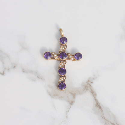 Antique Amethyst and Seed Pearl Cross Pendant 14k