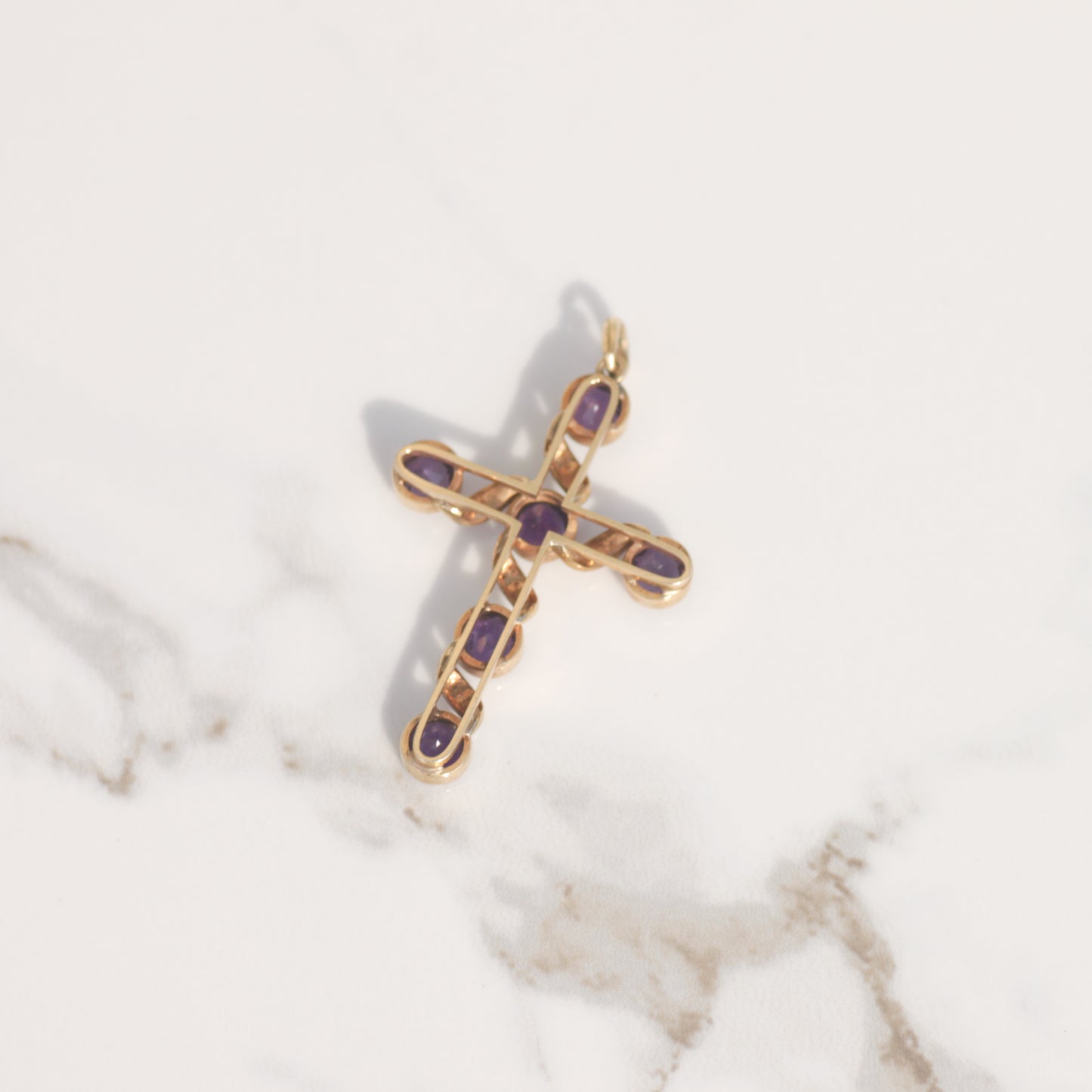 Antique Amethyst and Seed Pearl Cross Pendant 14k